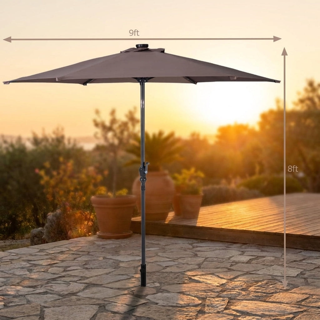 Biotree 9 ft Solar LED Market Patio Umbrella with Crank and Tilt, 6 Sturdy Ribs, Vented Canopy - Walnut