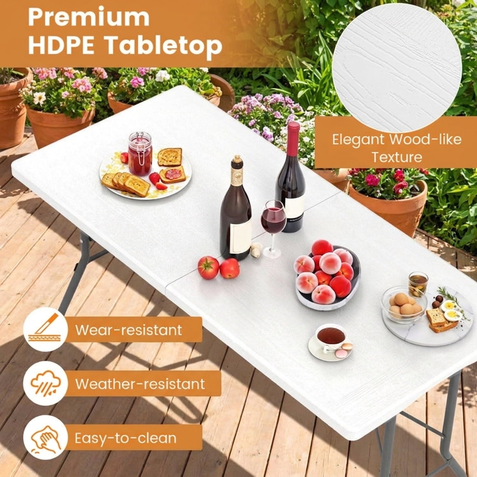 Biotree 5FT Folding Picnic Table with Wood Grain HDPE Tabletop and Non-slip Foot Pads-WH, White