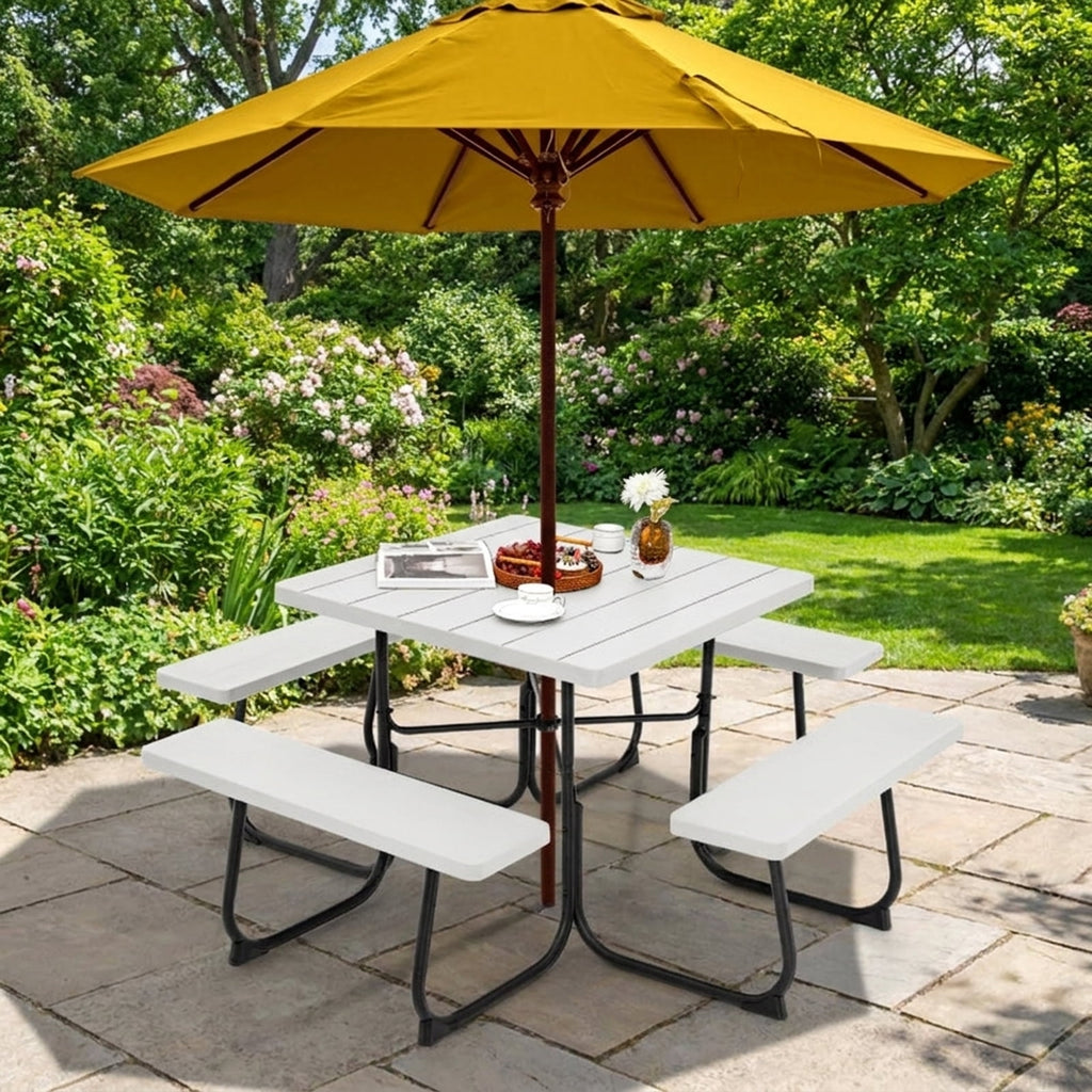 Biotree 67-Inch Outdoor Picnic Table with 4 Benches and Umbrella Hole, White
