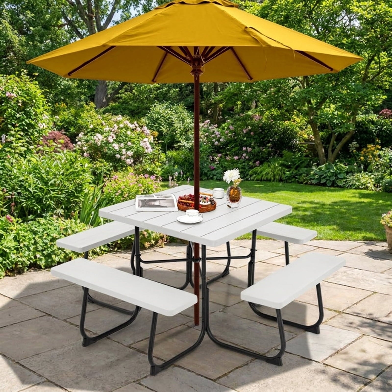 Biotree 67-Inch Outdoor Picnic Table with 4 Benches and Umbrella Hole, White
