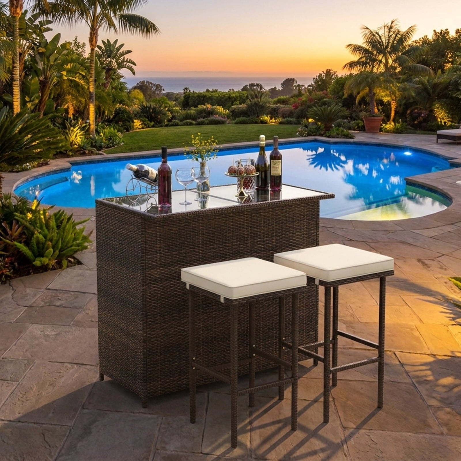 Biotree 3-Piece Patio Rattan Bar Set with Glass Table and Cushioned Stools, White - Outdoor Patio Bar Height Furniture Set for Deck Garden