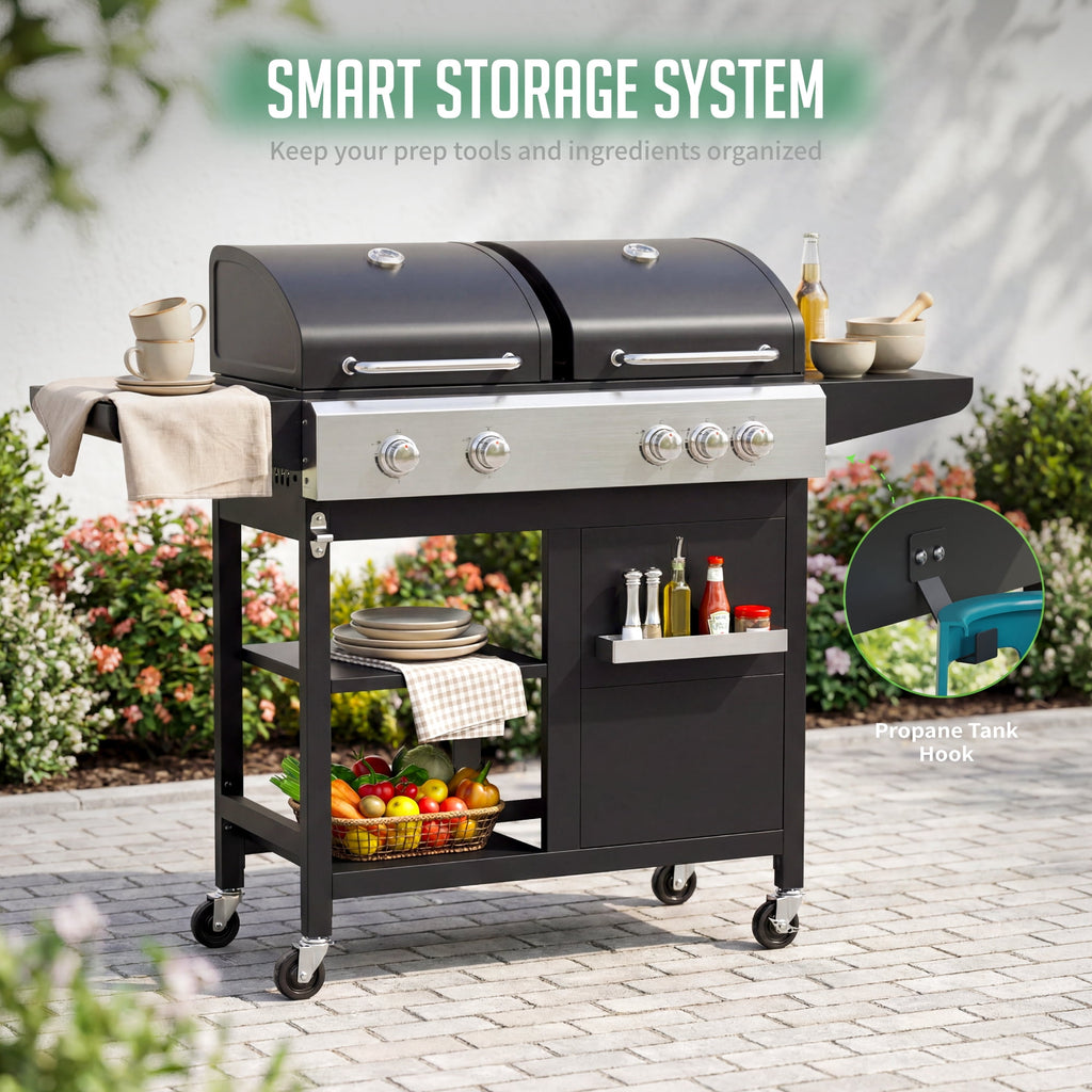Biotree 5-Burner Propane Gas Grill and Griddle Combo, 54,000 BTU Dual Fuel BBQ Grill with Side Burner for Backyard, Patio Outdoor Cooking & Entertaining