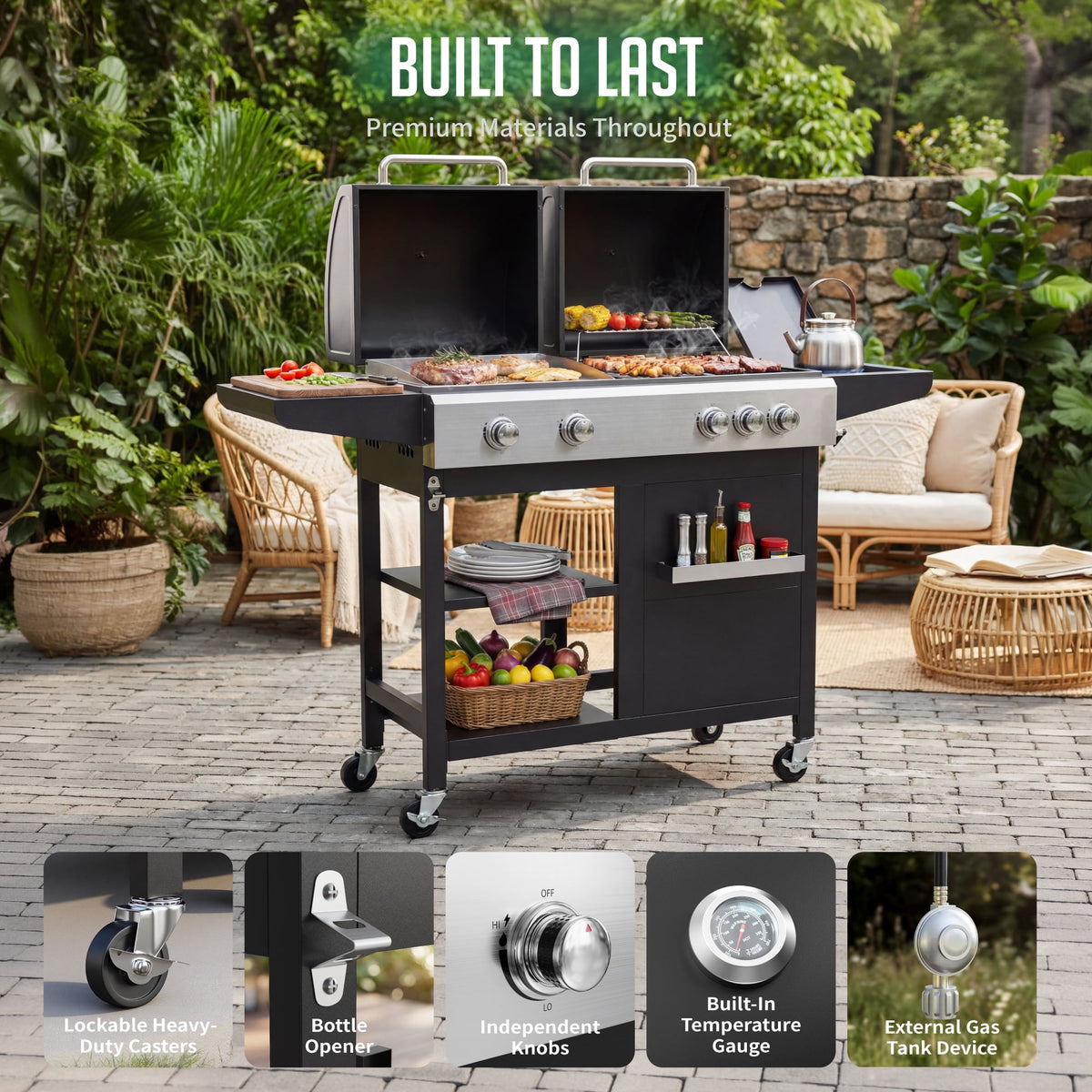 Biotree 5-Burner Propane Gas Grill and Griddle Combo, 54,000 BTU Dual Fuel BBQ Grill with Side Burner for Backyard, Patio Outdoor Cooking & Entertaining
