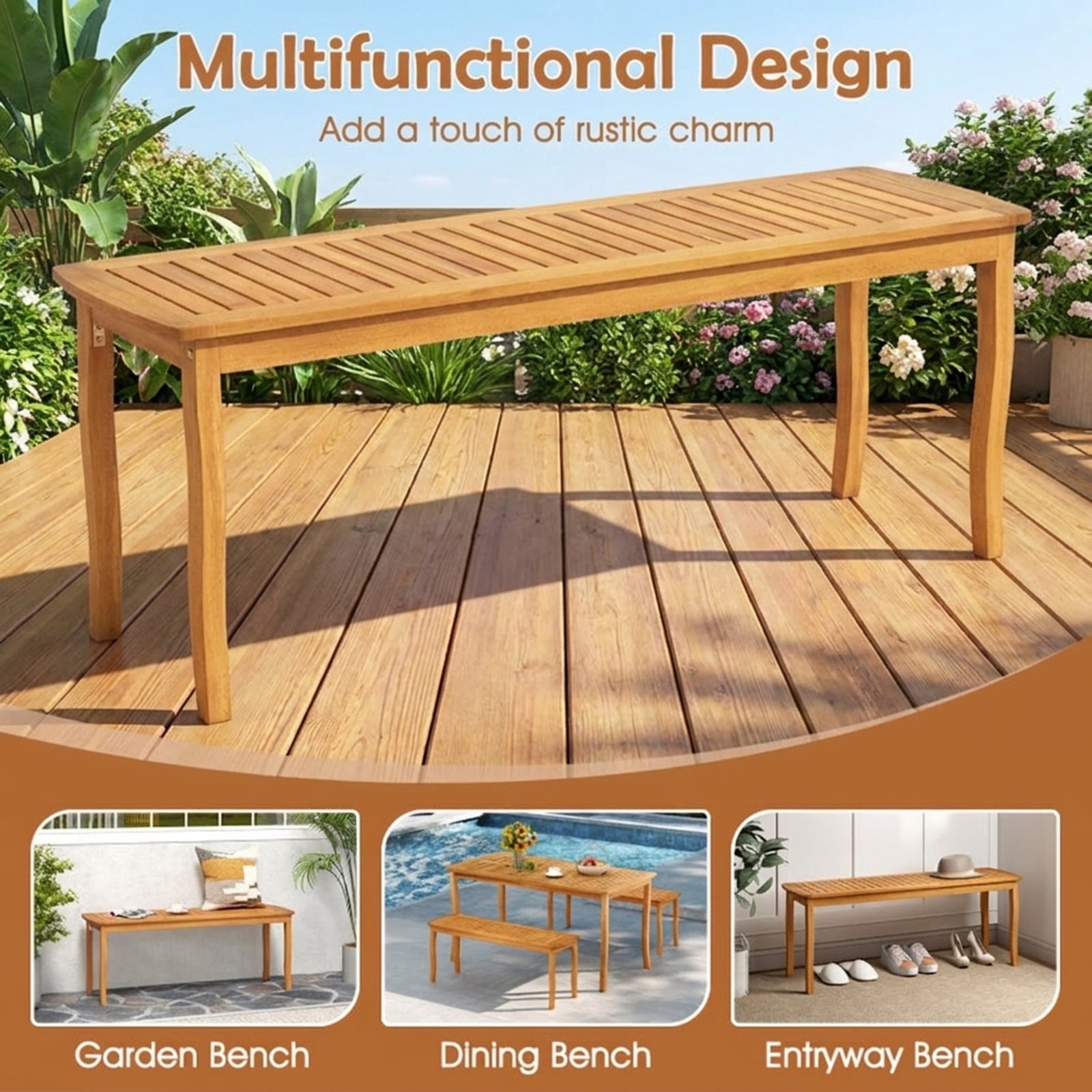 Biotree Acacia Wood Outdoor 48 Long Patio Dining Bench-1 Pieces Stackable Patio Chair for Garden BackyardNatural
