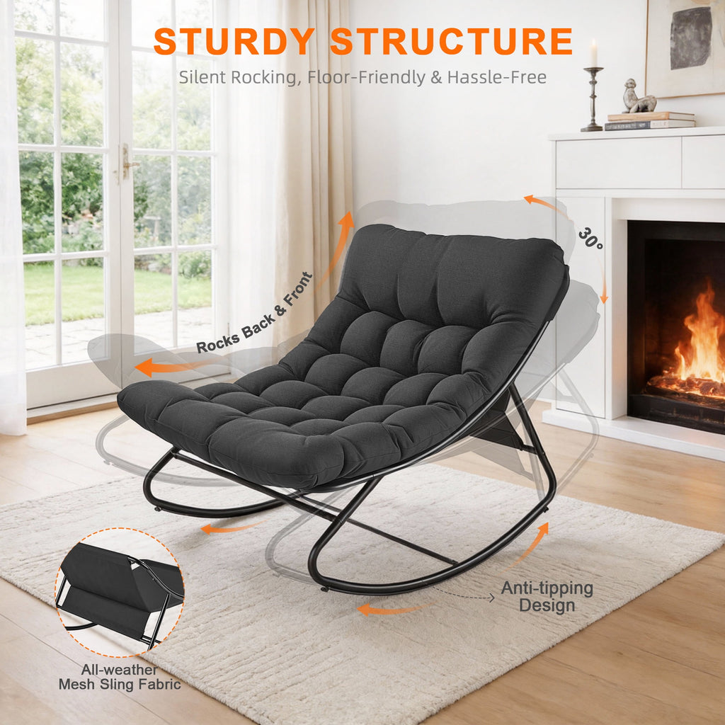 Biotree Oversized Outdoor Rocking Chair,Patio Rocker with Thick Cushion, Weather Resistant Mesh Rocking Chair for Porch, Backyard, Garden,Steel Frame,Black