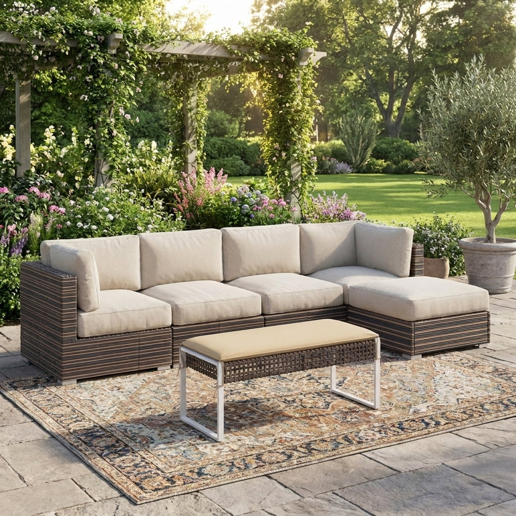 Biotree 43 Inch Patio Rectangle Ottoman with Metal Legs and Seat Cushion Stackable Patio Chair for Garden BackyardBeige