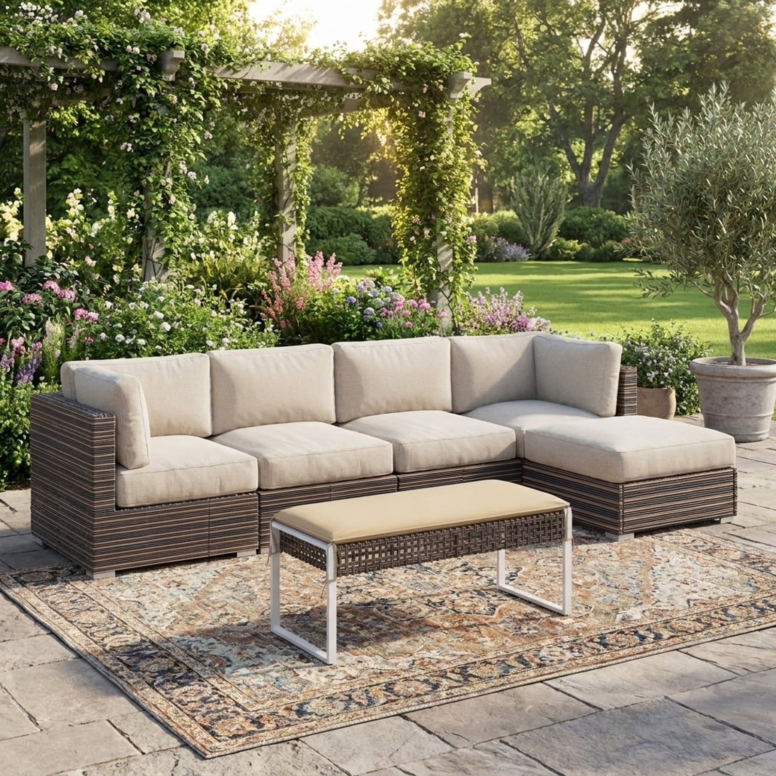 Biotree 43 Inch Patio Rectangle Ottoman with Metal Legs and Seat Cushion Stackable Patio Chair for Garden BackyardBeige