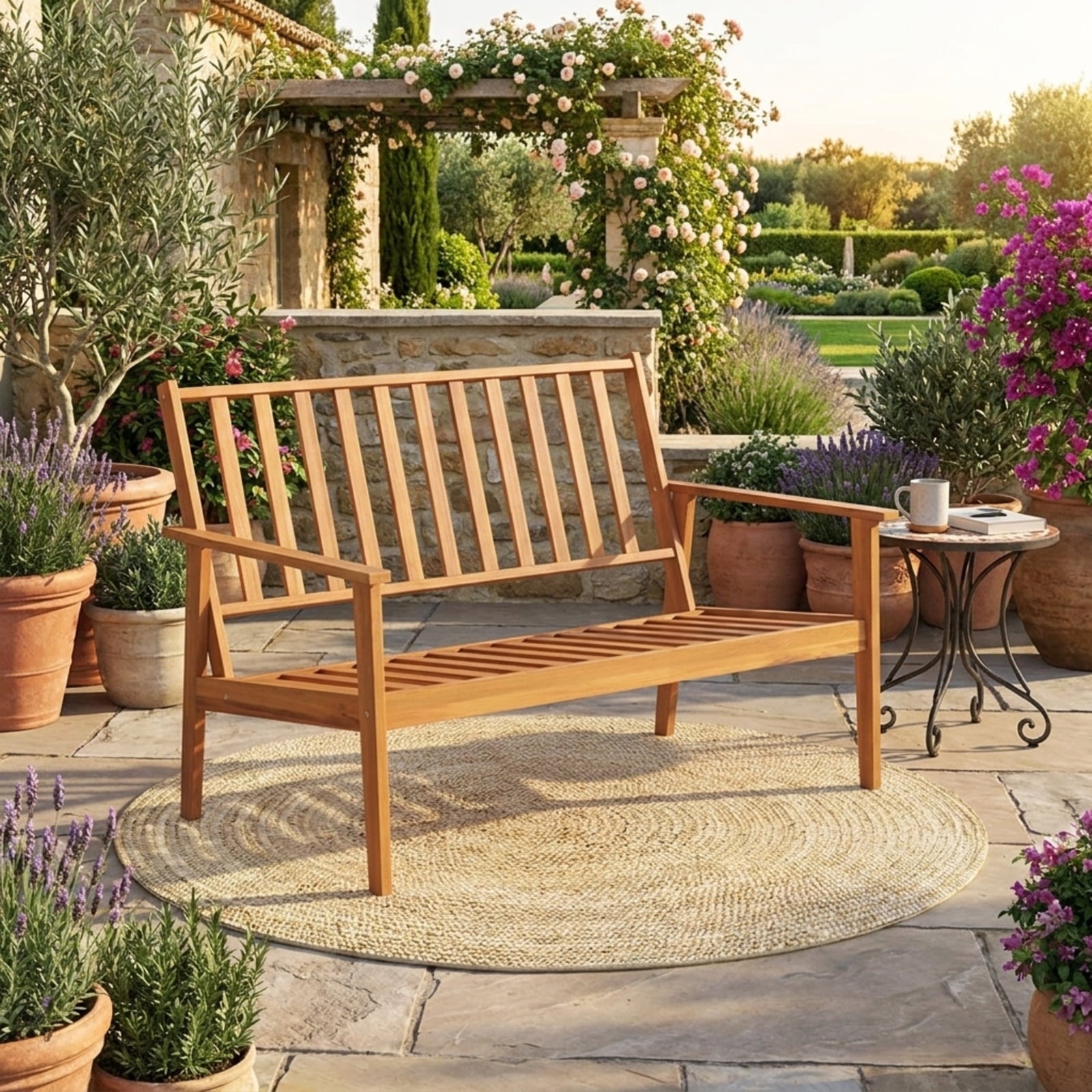 Biotree 4 Pieces Outdoor Acacia Wood Conversation Set with Soft Cushions and Coffee Table Outdoor Conversation Set for Garden Backyard PorchWhite