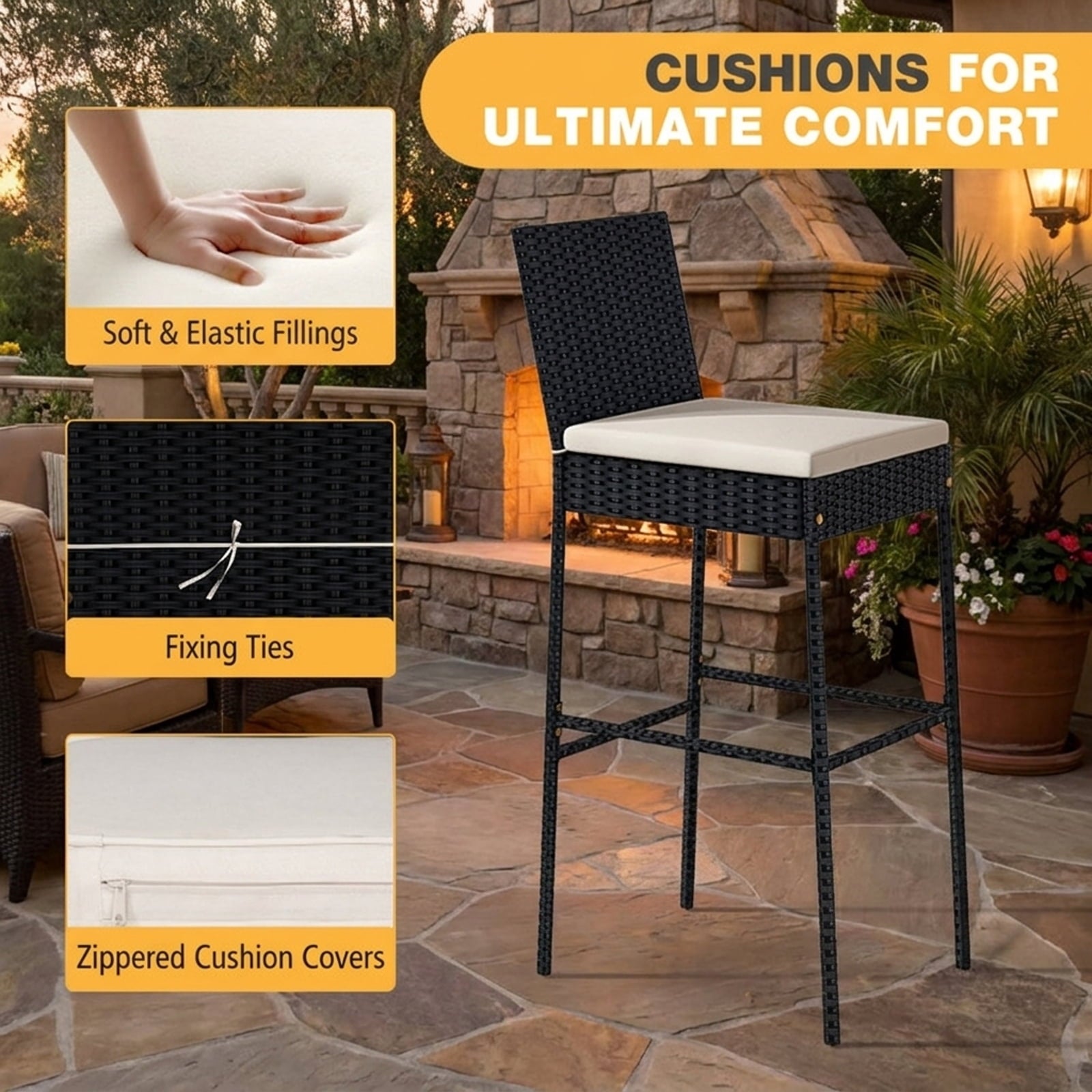 Biotree Patio Wicker Barstools with Footrest and Backrest Set of 4 for Patio Porch Garden Backyard Outdoor, Black