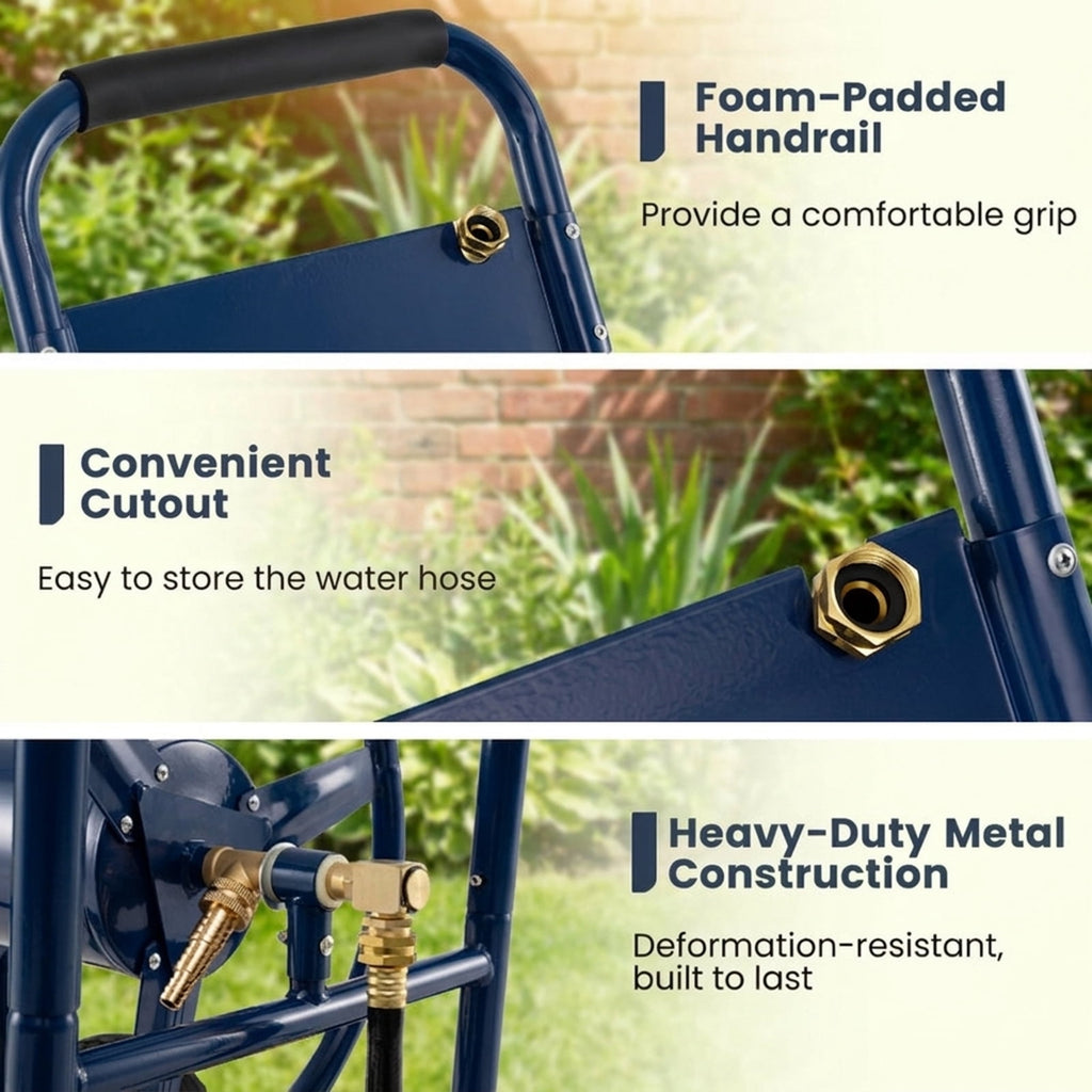 Biotree Garden Hose Reel Cart 4 Wheels Heavy-Duty Metal Water Hose Organizer Portable for Garden Yard Lawn Watering Outdoor, Blue