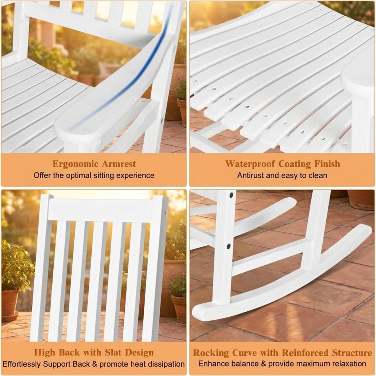 Biotree Indoor Outdoor Wooden High Back Rocking Chair Stackable Patio Chair for Garden BackyardWhite