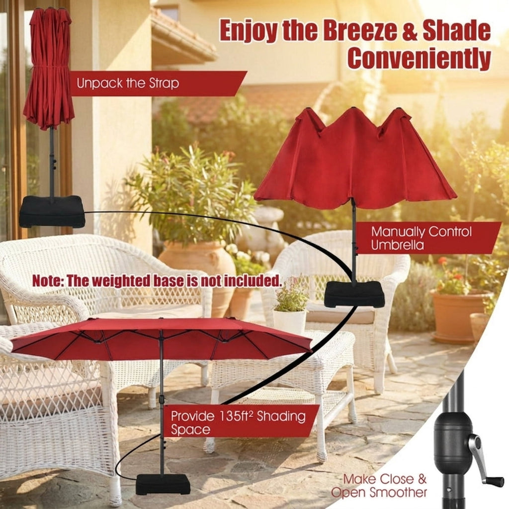 Biotree 15 ft Double-Sided Twin Patio Umbrella Crank Tilt Outdoor Shade - Red - UV Protection with Cross Base