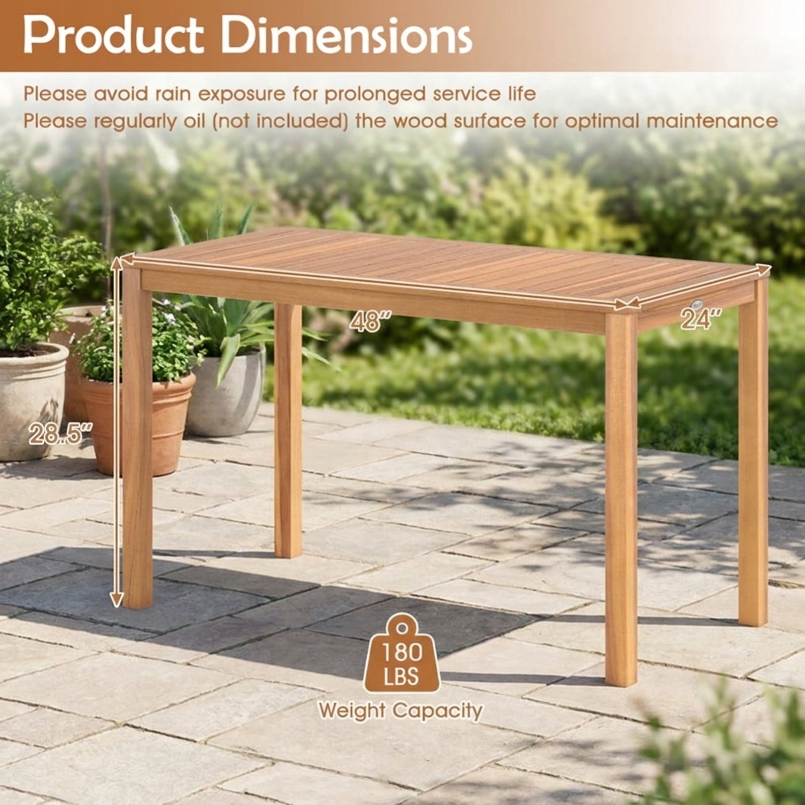 Biotree Outdoor Acacia Wood Dining Table with Slatted Tabletop for 4-6, Natural