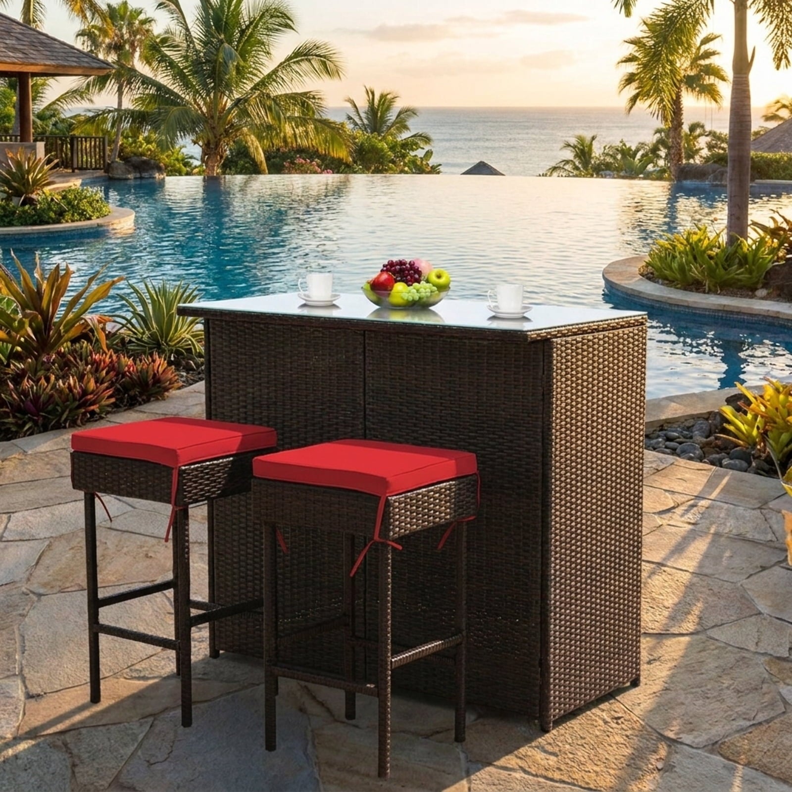 Biotree 3-Piece Patio Rattan Bar Set with Glass Table and Cushioned Stools, Red - Outdoor Patio Bar Height Furniture Set for Deck Garden