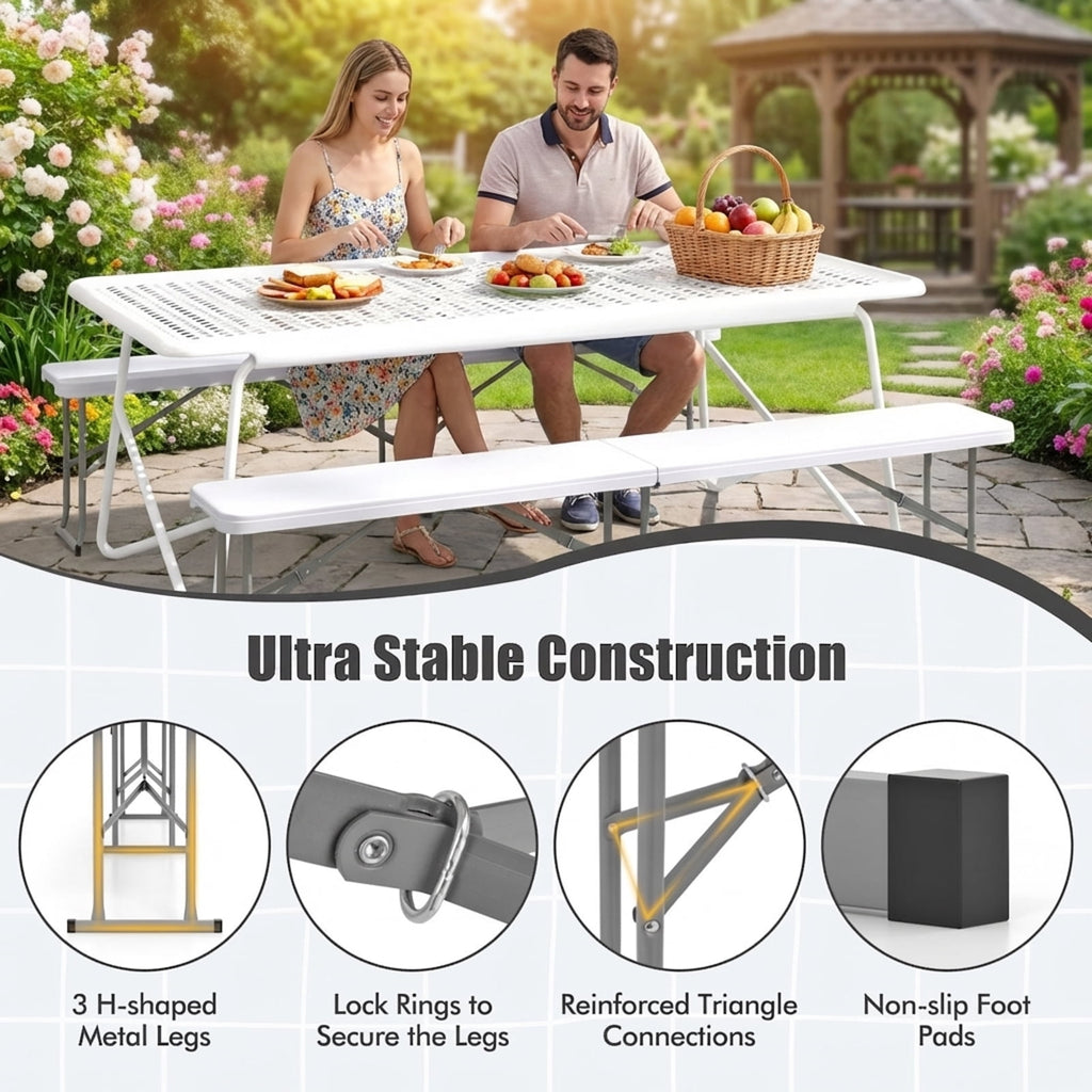 Biotree 6 Feet Plastic Folding Bench Picnic Camping Dining Seat with Carrying Handle Portable Outdoor Bench, White