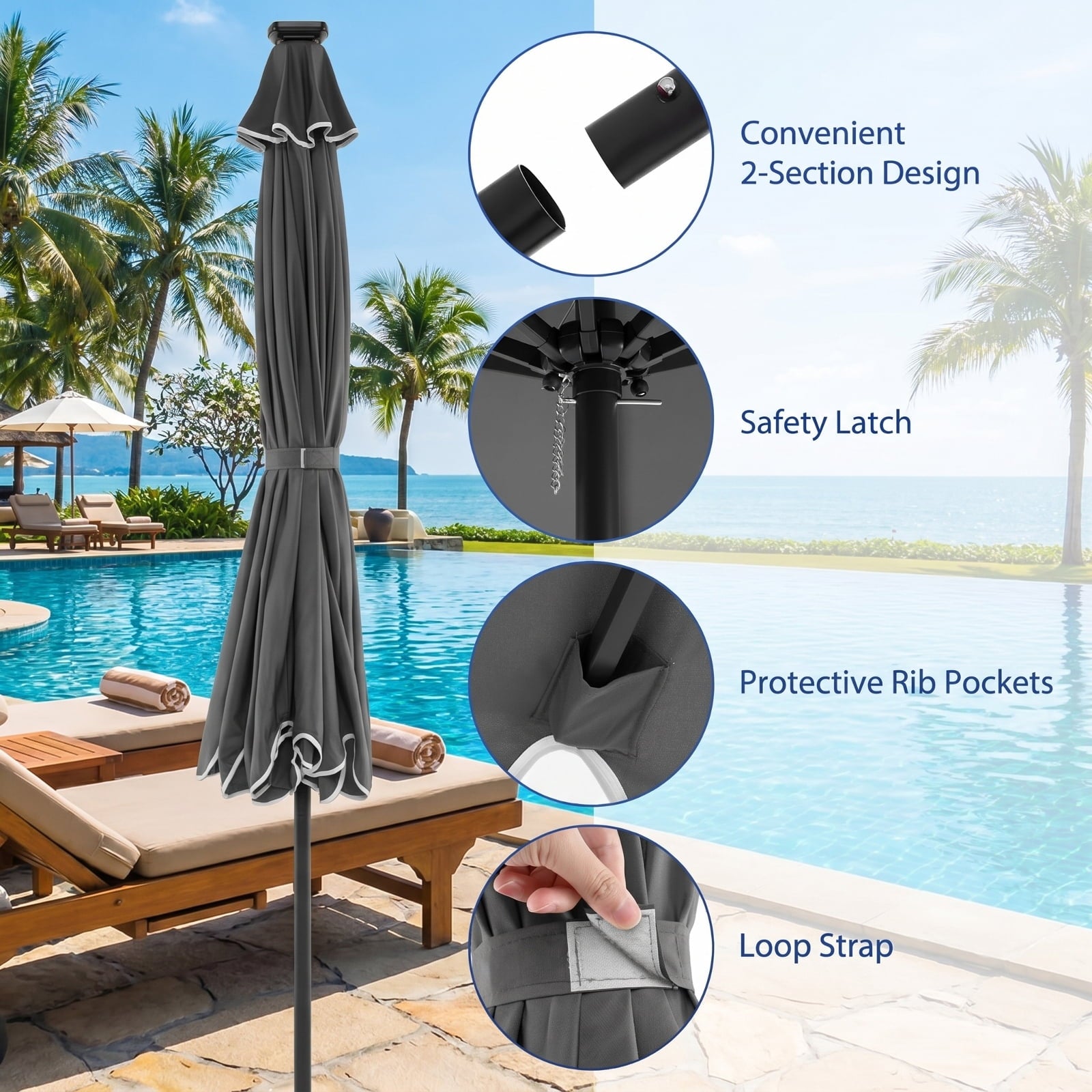 Biotree 10 ft Market Patio Umbrella with Crank and Tilt, 8 Sturdy Ribs, Vented Canopy - Gray for Backyard