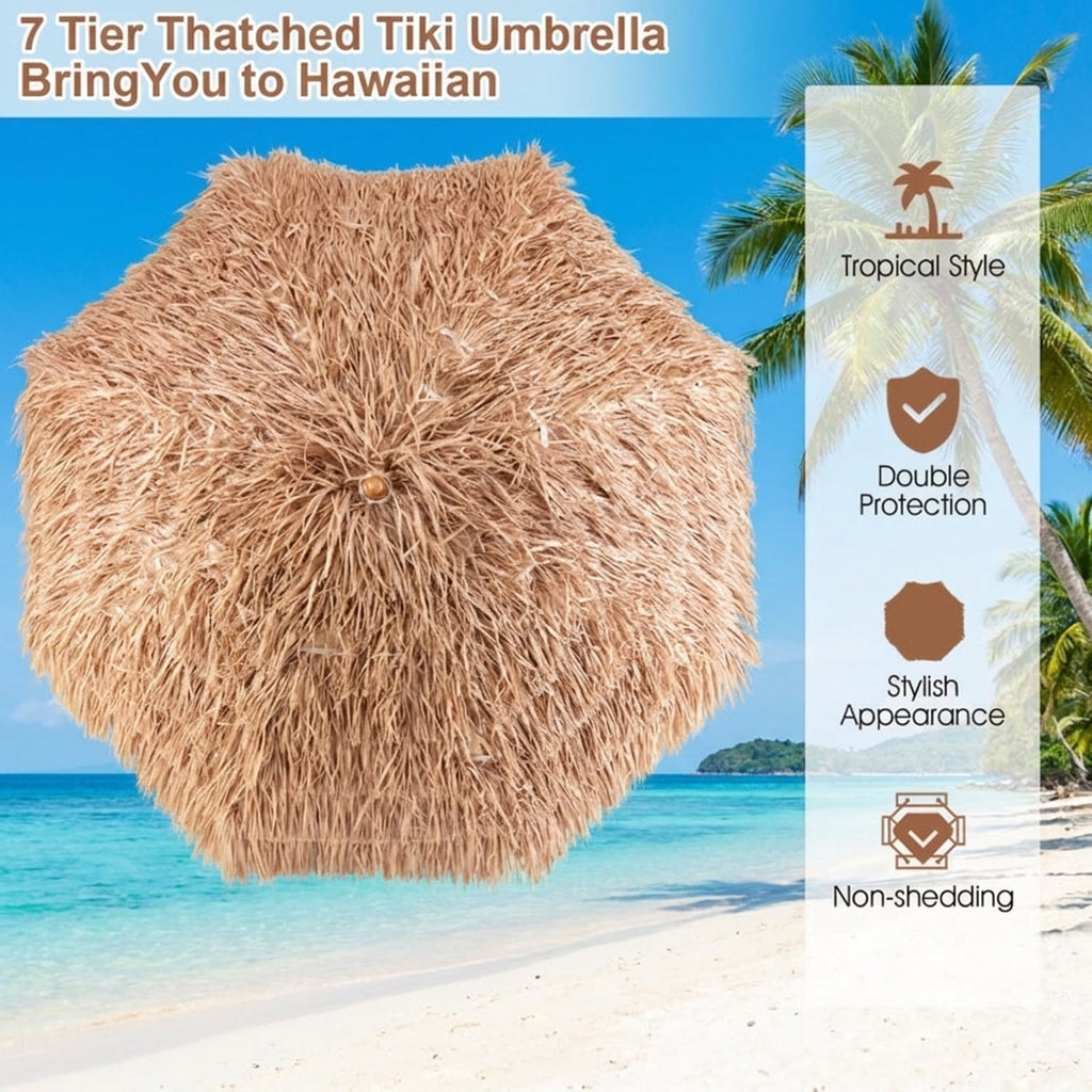 Biotree 7 ft Thatched Tiki Patio Umbrella Crank Tilt Outdoor Shade - Natural - UV Protection with Cross Base