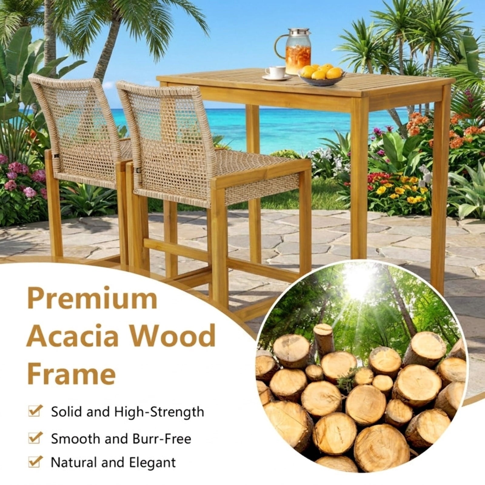 Biotree Set of 2 Rattan Patio Wood Barstools Dining Chairs with Backrest-Set of 2 Stackable Patio Chair for Garden BackyardLight Brown