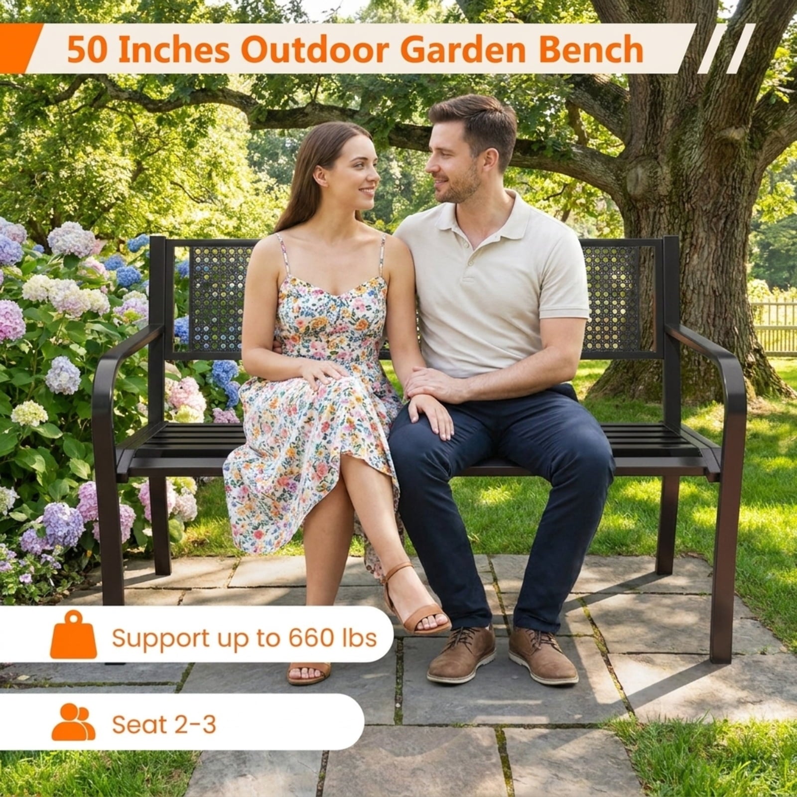 Biotree 50 Inches Garden Bench with Patterned Backrest and Curved Armrests Stackable Patio Chair for Garden BackyardBlack
