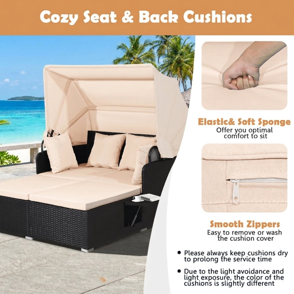 Biotree Patio Rattan Daybed with Retractable Canopy and Side Tables Outdoor Conversation Set for Garden Backyard PorchBeige