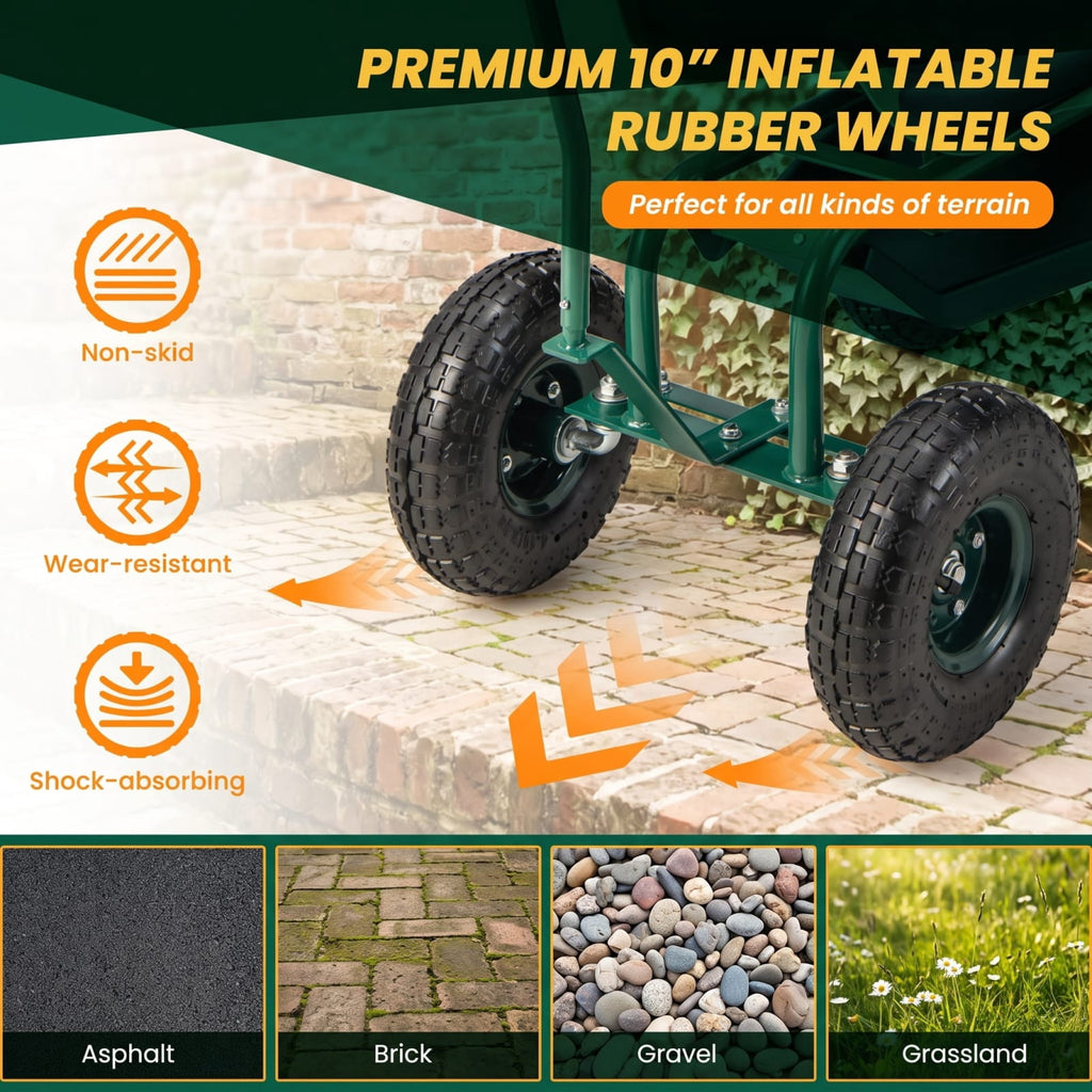 Biotree 330lbs Rolling Garden Cart with 360¡ã Height Adjustable Swivel Seat, Garden Scooter with Storage Basket, Tool Tray for Weeding Planting Gardening Green