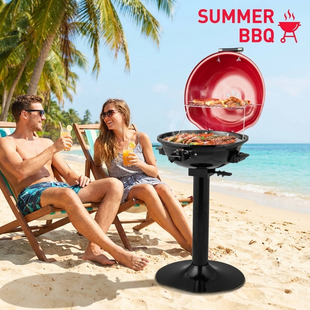 Biotree 1600W Electric BBQ Grill with Removable Non-Stick Warming Rack and Adjustable Temperature Control - Red