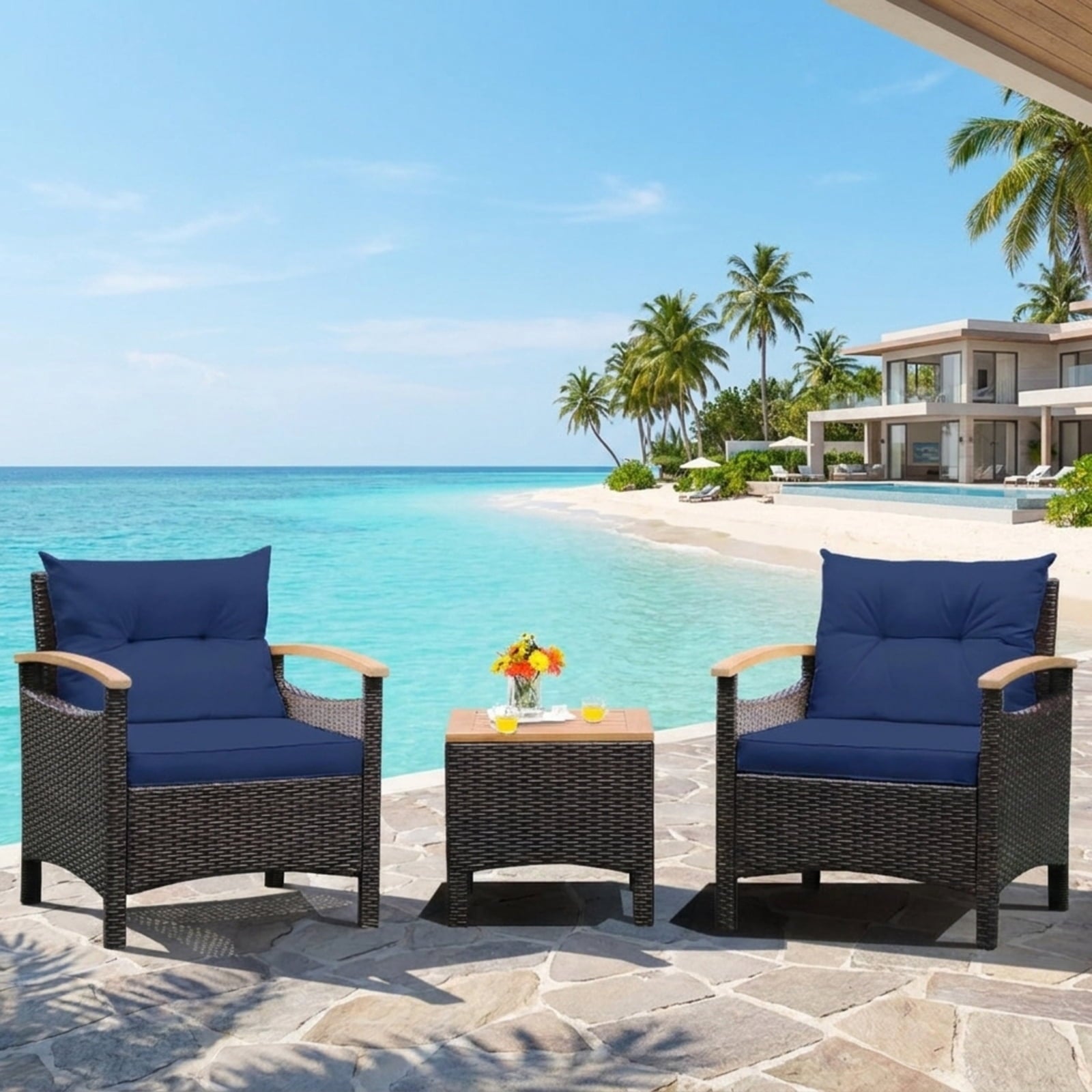 Biotree 3 Pieces Patio Rattan Furniture Set with Removable Cushion Outdoor Conversation Set for Garden Backyard PorchNavy