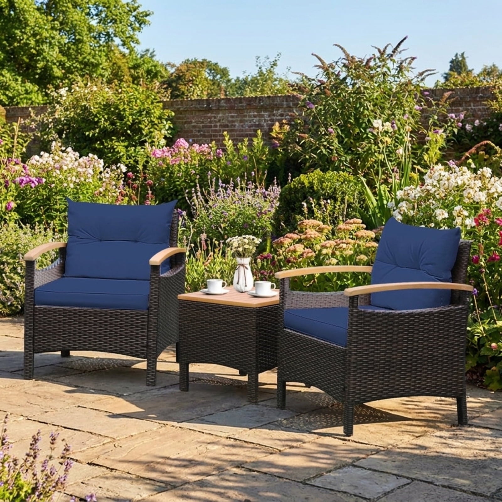 Biotree 3 Pieces Patio Rattan Furniture Set with Removable Cushion Outdoor Conversation Set for Garden Backyard PorchNavy