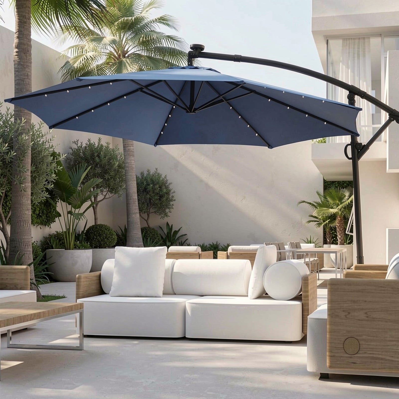 Biotree 10 ft 360¡ã Rotation Solar Powered LED Patio Offset Umbrella-Blue Outdoor Backyard Hanging Deck