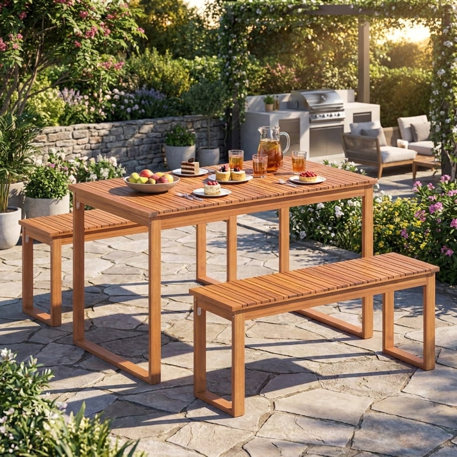 Biotree Acacia Wood Outdoor Garden Bench Set of 1/2 with Slatted Seat for Front Porch-Set of 2Natural