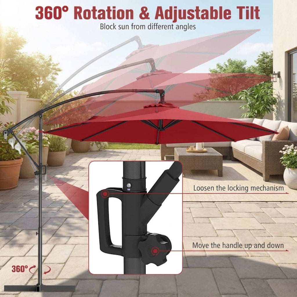 Biotree 10 ft Cantilever Patio Umbrella Offset Hanging with Cross Base, 8 Ribs - Wine for Backyard Garden Poolside
