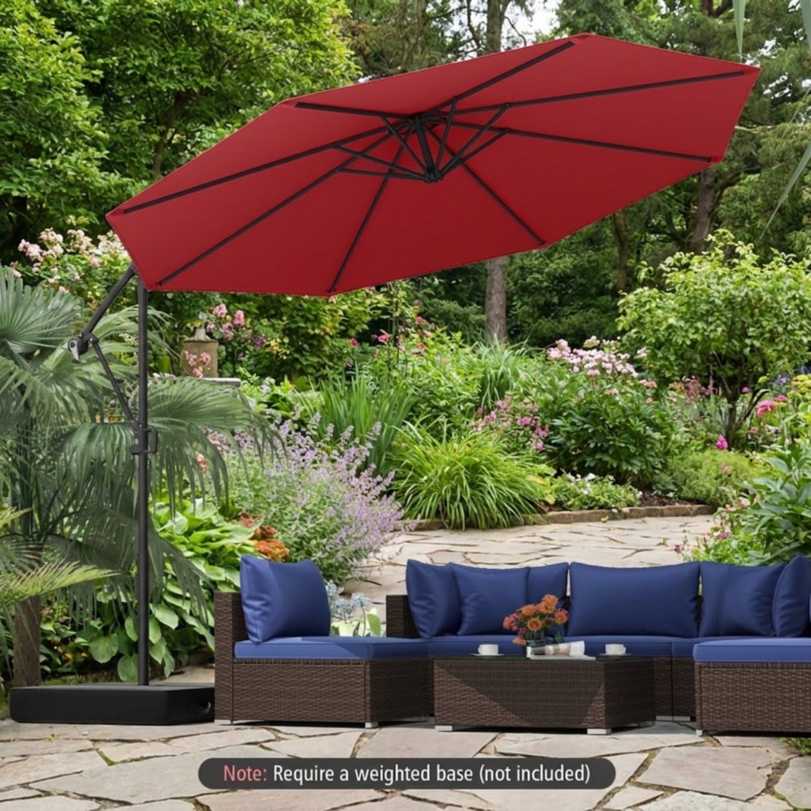 Biotree 10 ft Cantilever Patio Umbrella Offset Hanging with Cross Base, 8 Ribs - Wine for Backyard Garden Poolside
