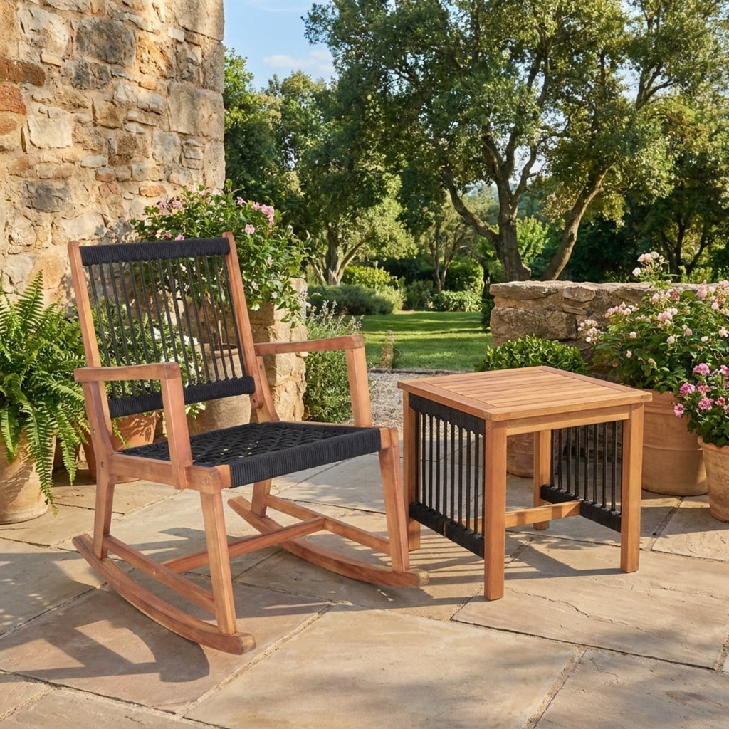 Biotree 3 Pieces Acacia Wood Rocking Bistro Set Outdoor Conversation Set for Garden Backyard PorchBlack and Natural