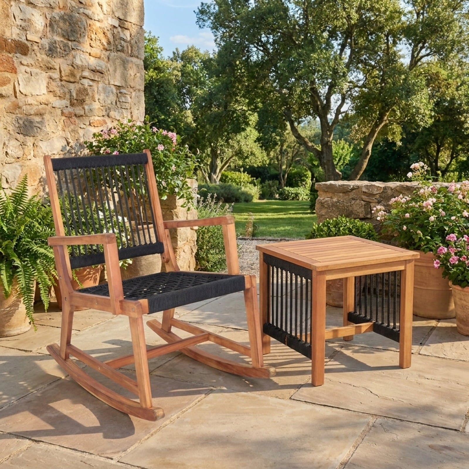 Biotree 3 Pieces Acacia Wood Rocking Bistro Set Outdoor Conversation Set for Garden Backyard PorchBlack and Natural