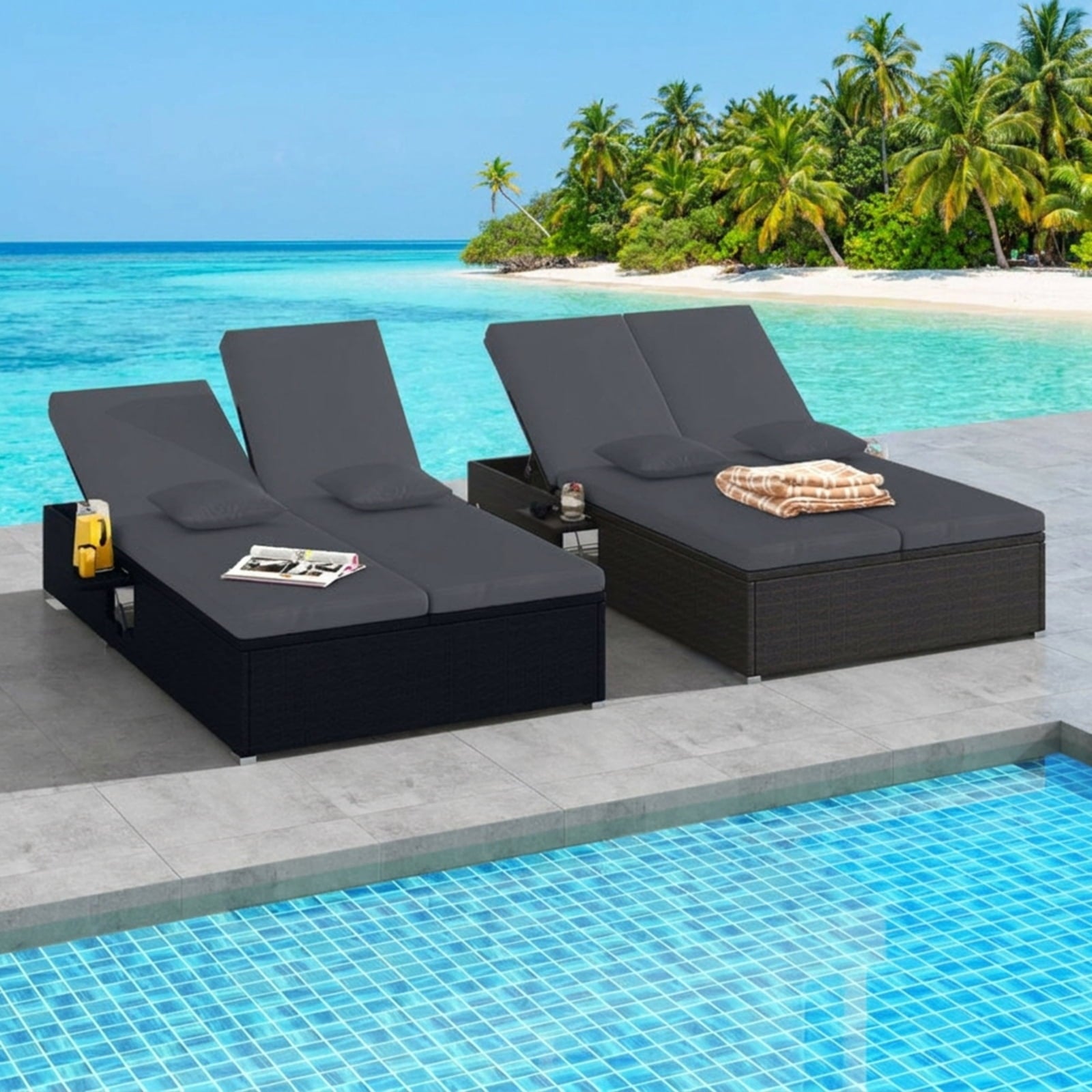Biotree Patio Double Chaise Lounge with Cushions and Folding Side Trays Stackable Patio Chair for Garden BackyardGray