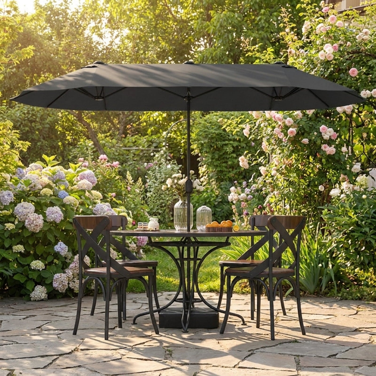 Biotree 13 ft Double-Sided Twin Patio Umbrella Crank Tilt Outdoor Shade - Gray - UV Protection with Cross Base