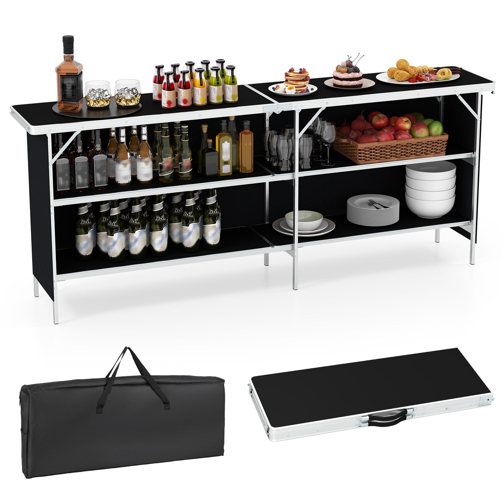 Biotree Aluminum Portable Folding Picnic Table with 2-Tier Open Shelves for Camping and Outdoor Dining, Black