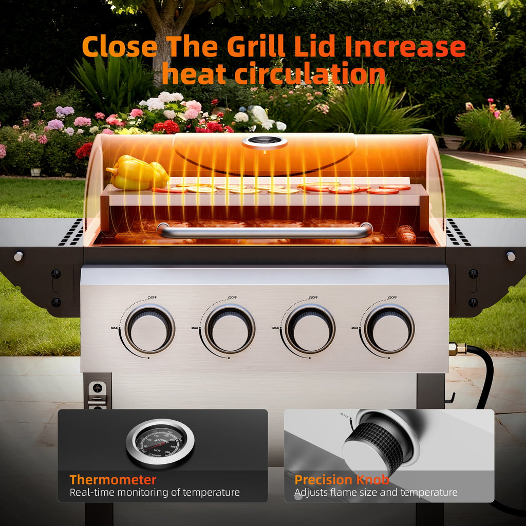 Biotree 4 Burner BBQ Propane Gas Grill, Stainless Steel 34,000 BTU Patio Garden Barbecue Grill with Two Foldable Shelves