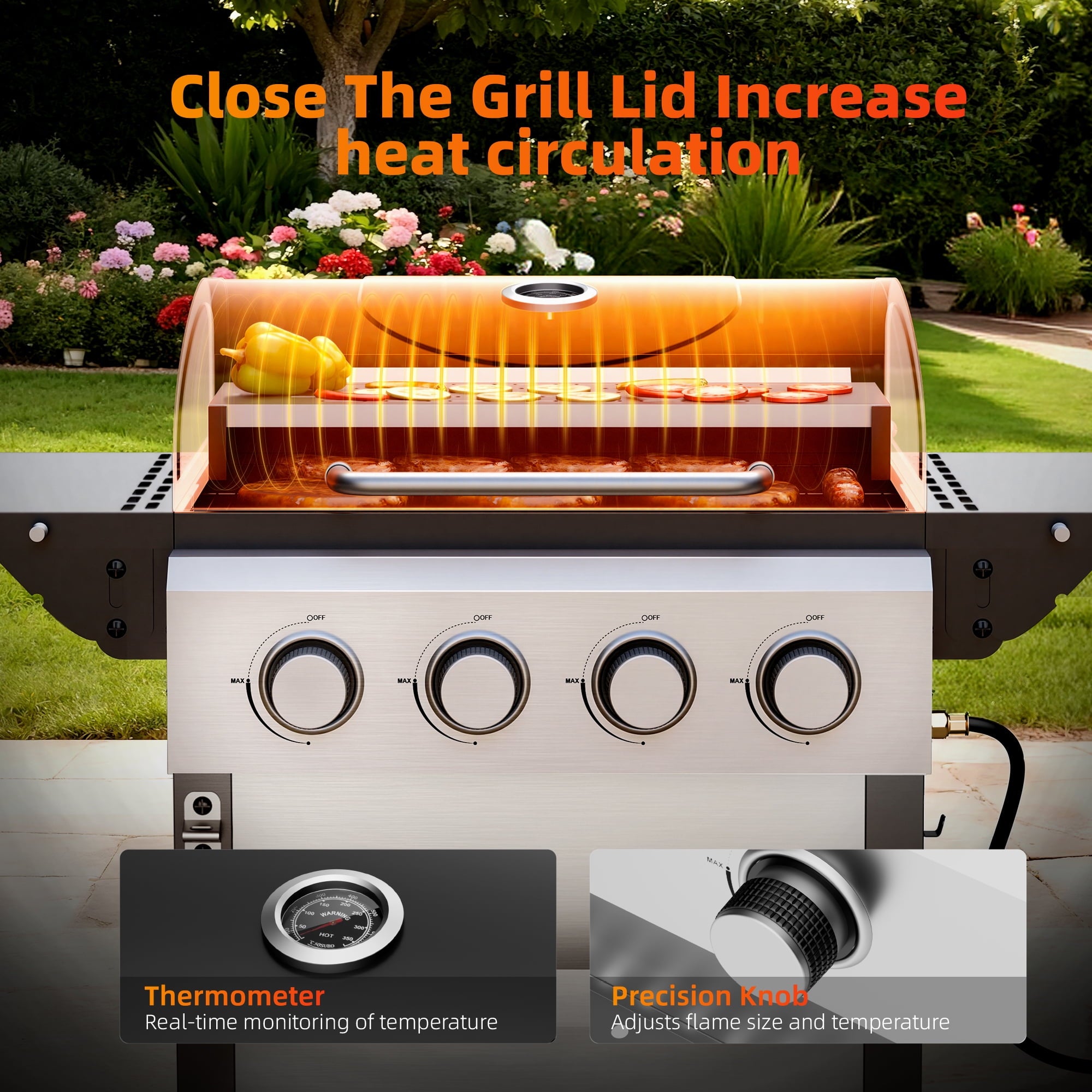 Biotree 4 Burner BBQ Propane Gas Grill, Stainless Steel 34,000 BTU Patio Garden Barbecue Grill with Two Foldable Shelves