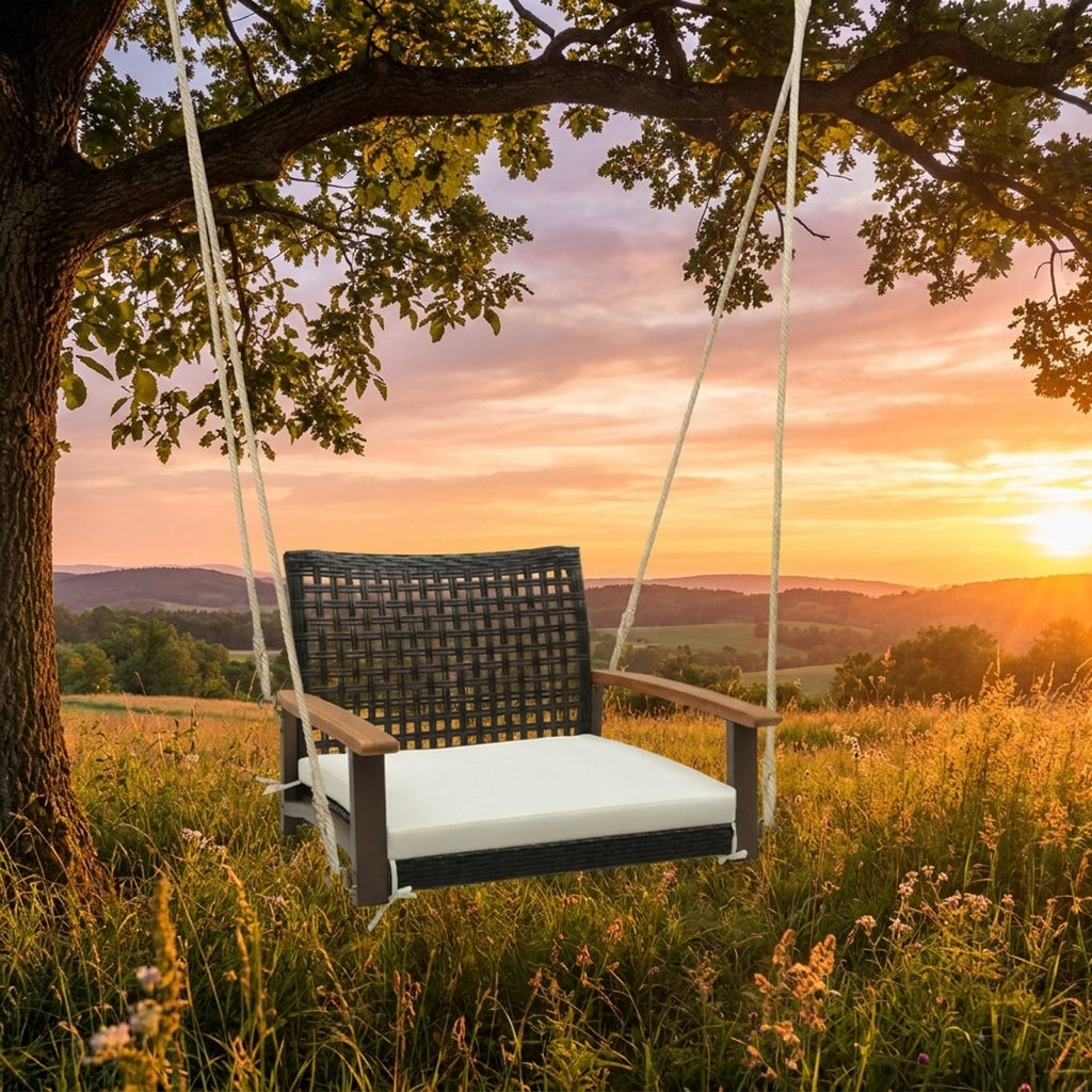 Biotree Single Rattan Porch Swing with Armrests Cushion and Hanging Ropes for Patio Porch Garden Backyard Outdoor, White