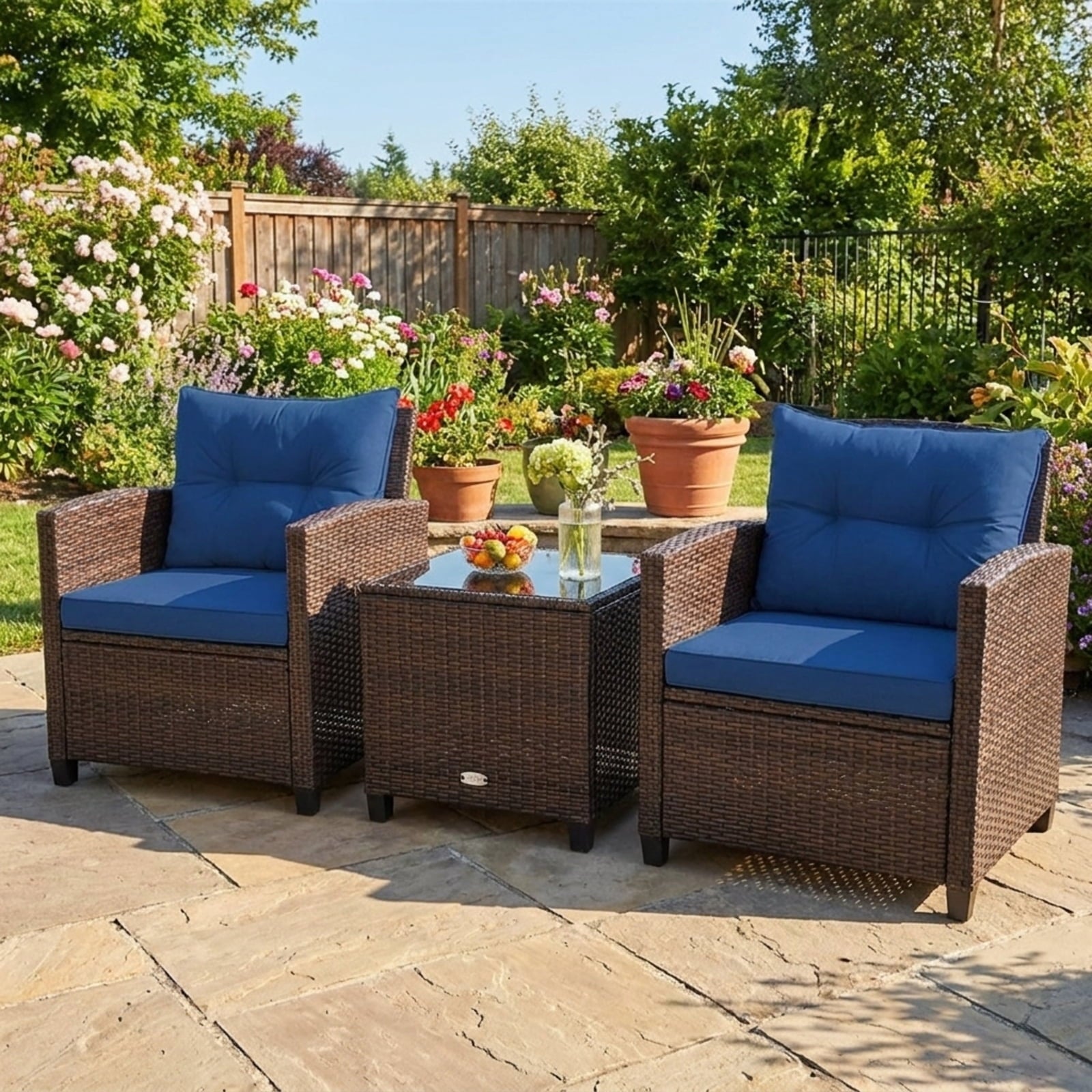 Biotree 3 Pcs Patio Rattan Furniture Set Cushioned Conversation Set Coffee Table Outdoor Conversation Set for Garden Backyard PorchNavy