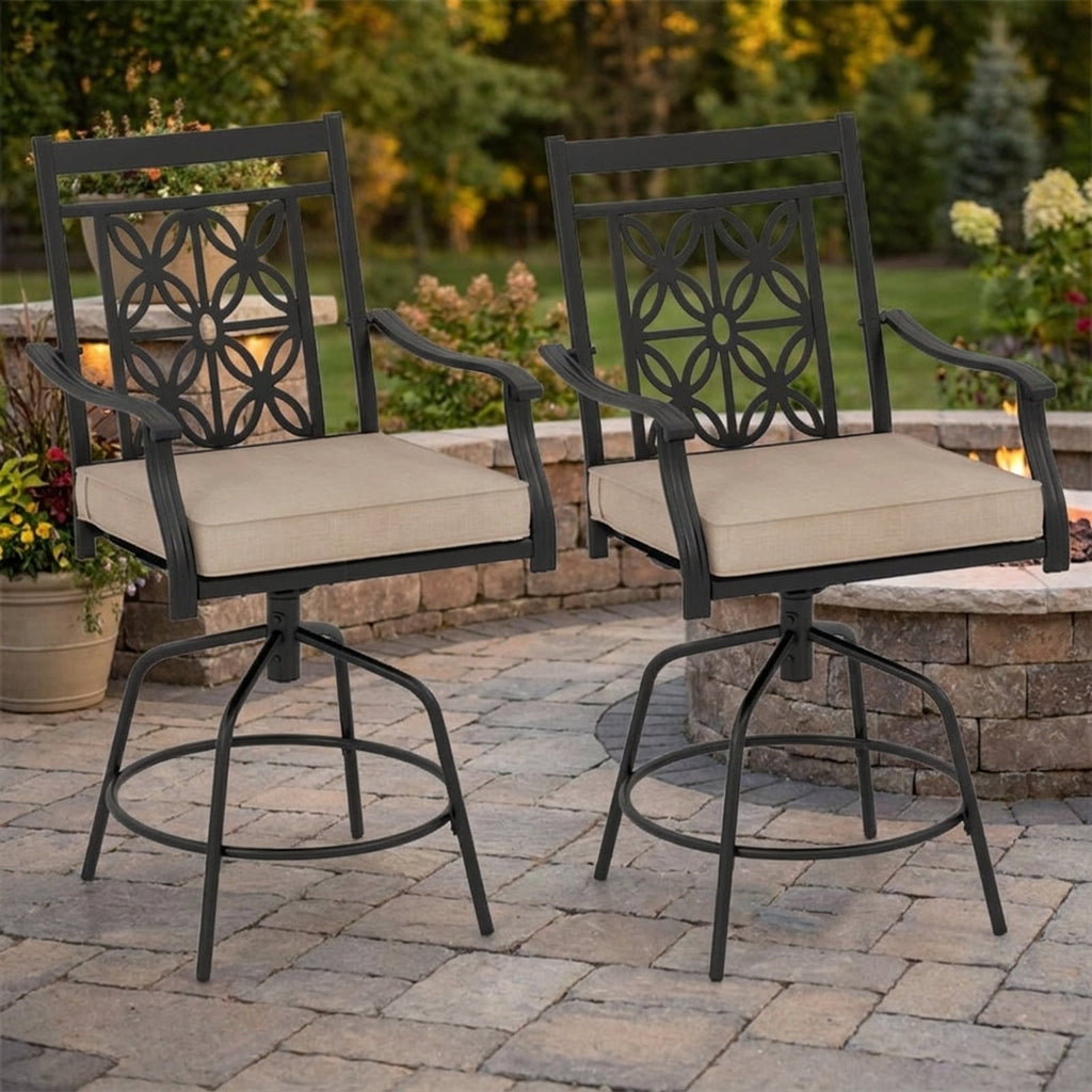 Biotree Set of 2 Outdoor Swivel Bar Stools with Cushioned Seats and Armrests, Brown - Outdoor Patio Bar Height Chair with Footrest