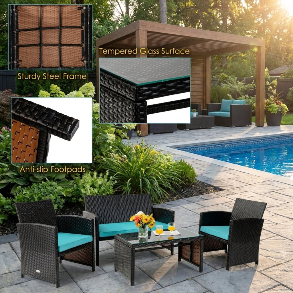 Biotree 4 Pieces Patio Rattan Furniture Set with Glass Table and Loveseat Outdoor Conversation Set for Garden Backyard PorchGray