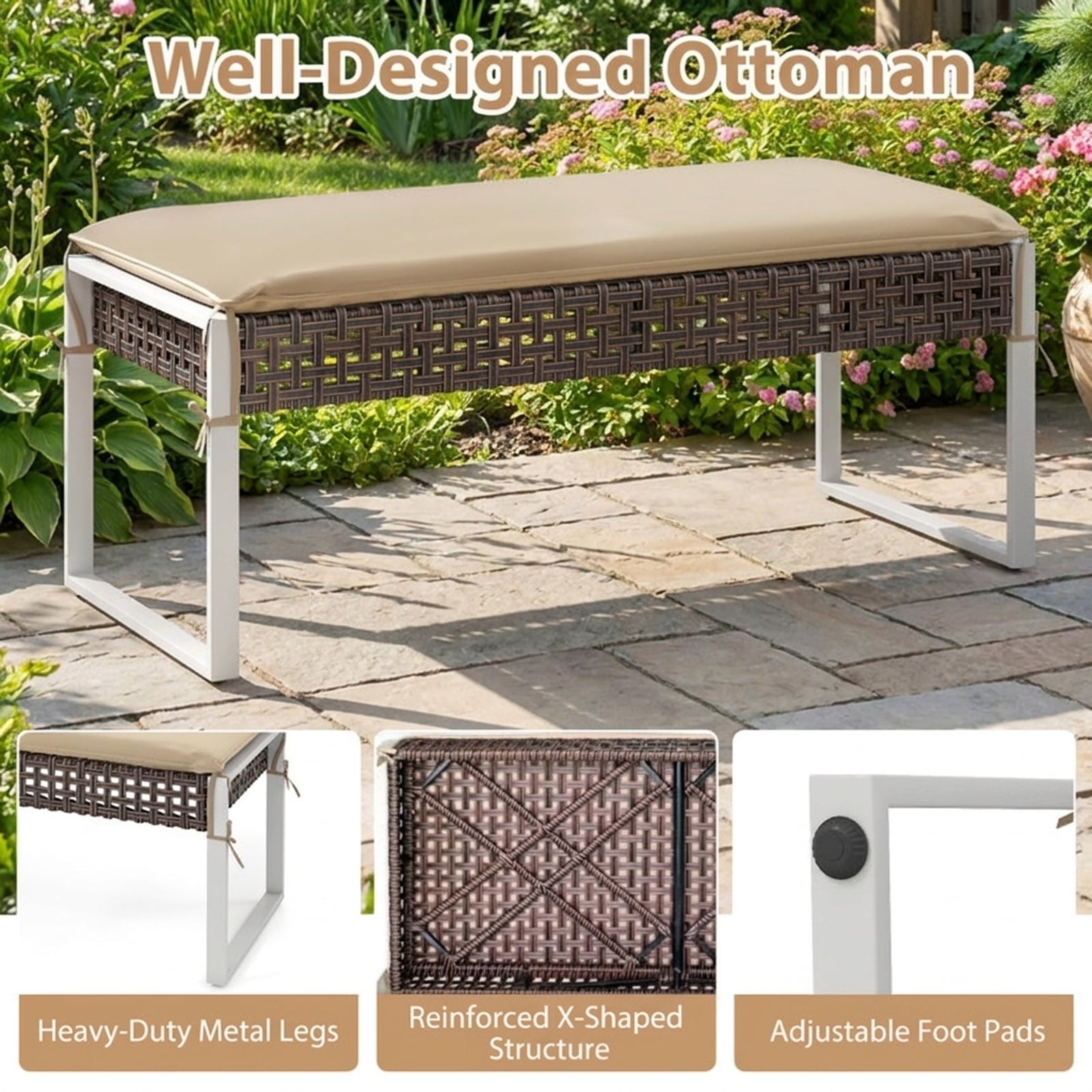 Biotree 43 Inch Patio Rectangle Ottoman with Metal Legs and Seat Cushion Stackable Patio Chair for Garden BackyardBeige