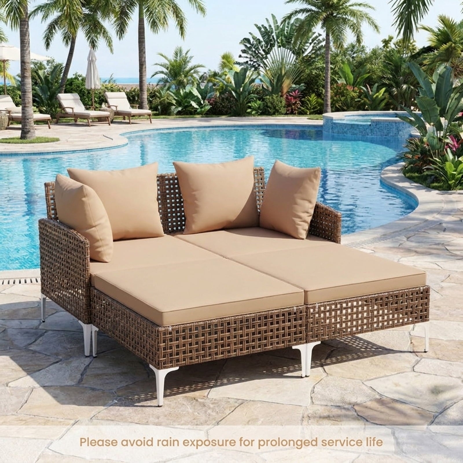 Biotree Outdoor Rattan Double Daybed Wicker Chaise Lounge Stackable Patio Chair for Garden BackyardBrown