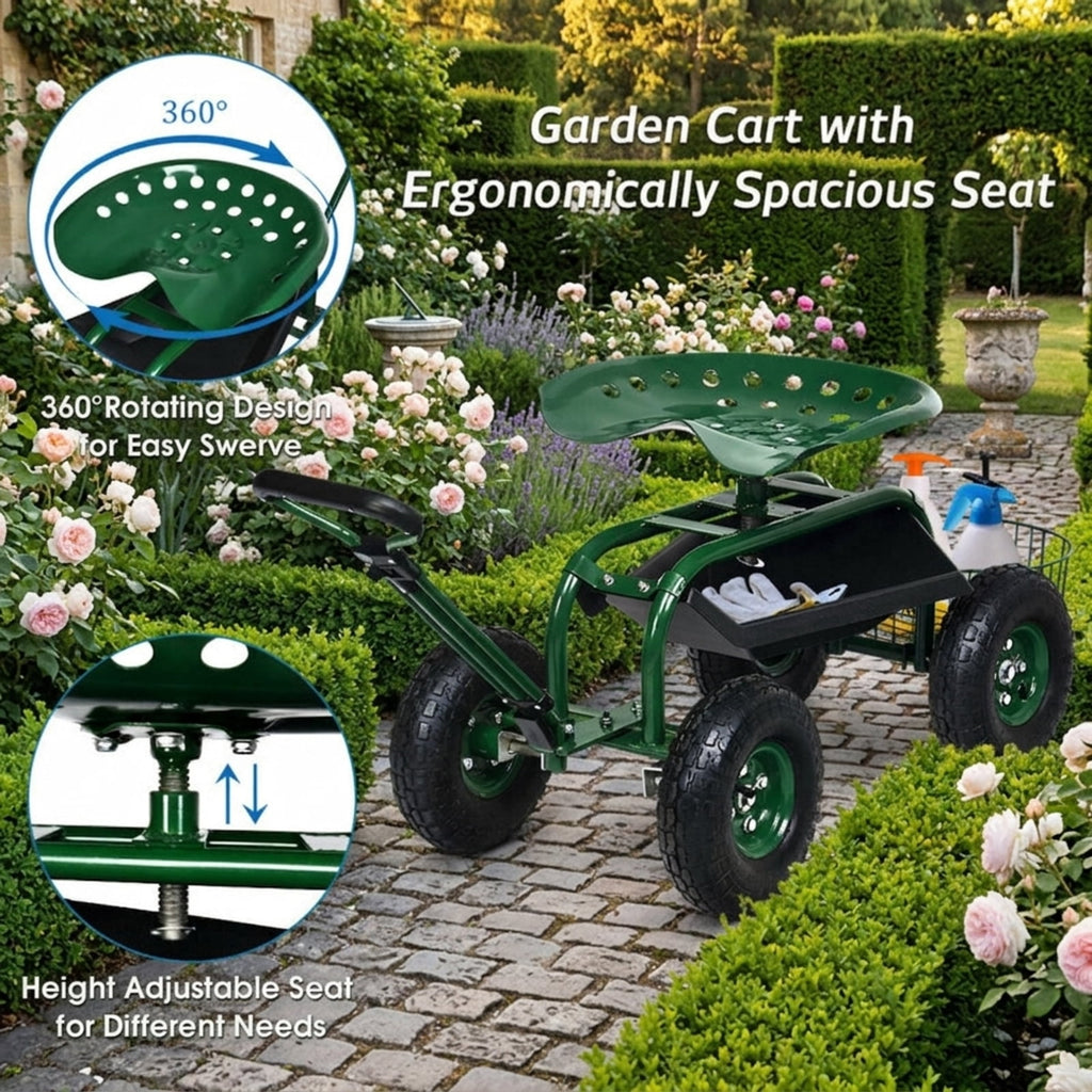 Biotree Rolling Garden Cart with 360¡ã Swivel Seat, Height Adjustable Garden Scooter, Heavy Duty Yard Cart with Tool Tray and Storage Basket for Gardening Weeding Yard Work Green
