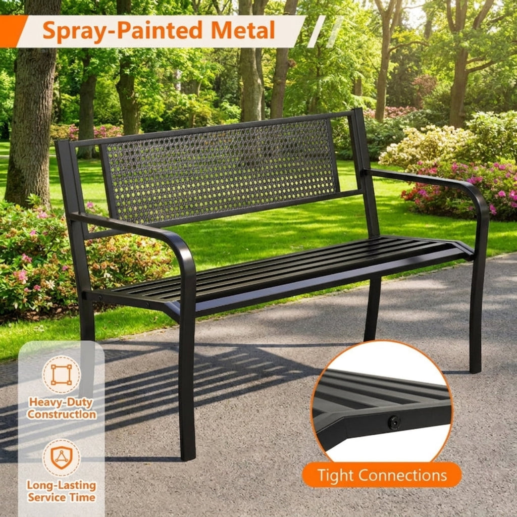 Biotree 50 Inches Garden Bench with Patterned Backrest and Curved Armrests Stackable Patio Chair for Garden BackyardBlack