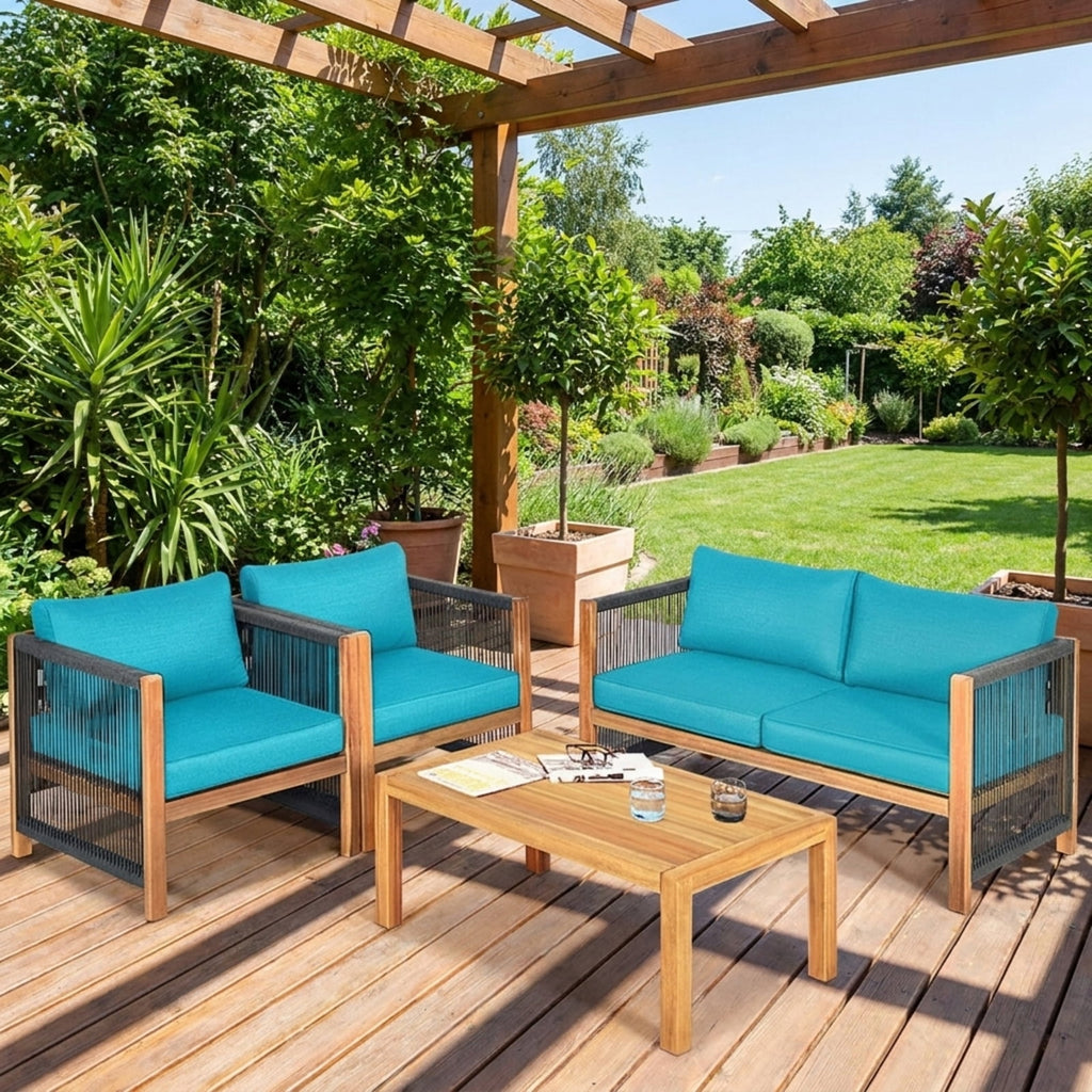 Biotree 4 Pieces Acacia Wood Outdoor Patio Furniture Set with Cushions Outdoor Conversation Set for Garden Backyard PorchTurquoise
