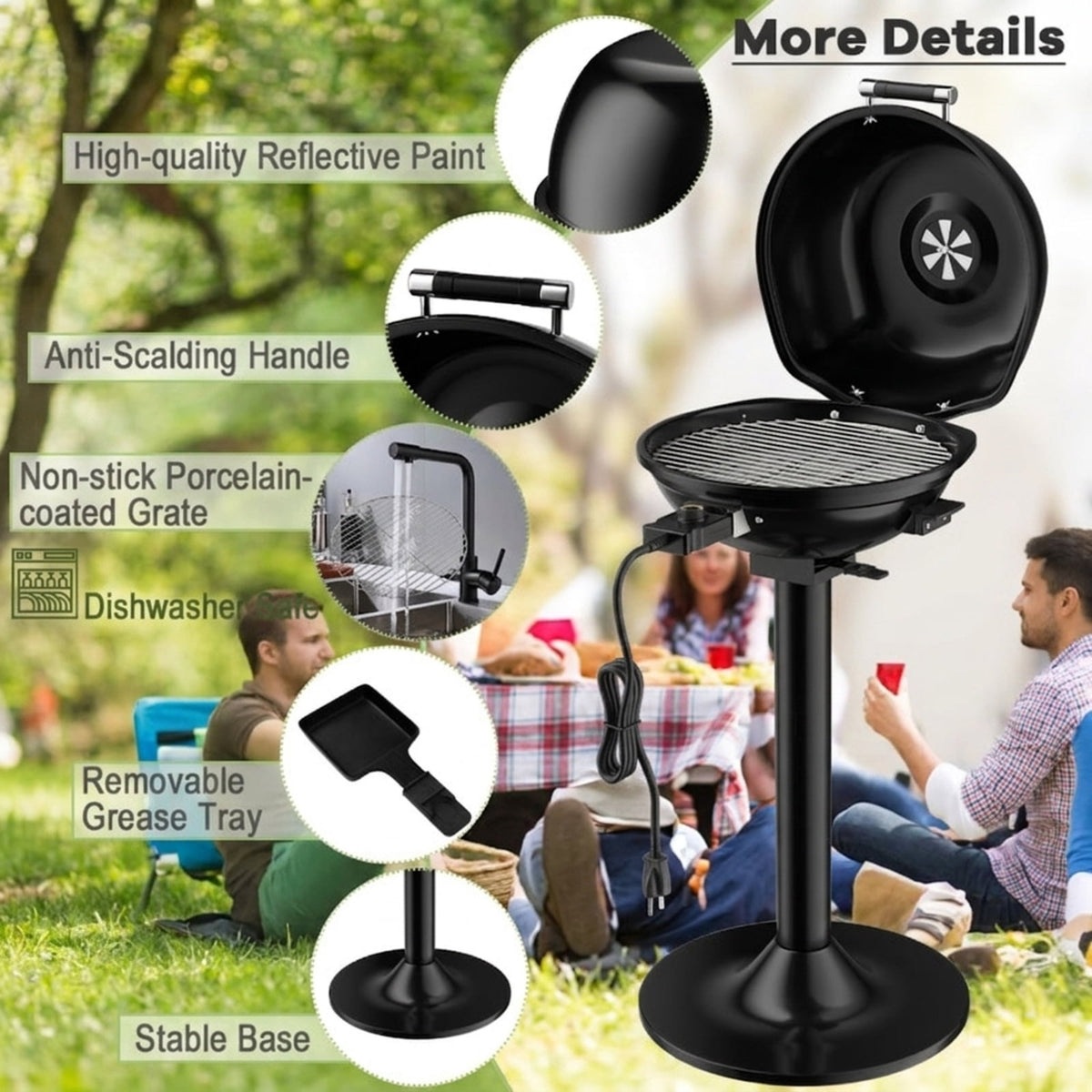 Biotree 1600W Portable Electric BBQ Grill with Temperature Control Grease Collector, Smokeless Tabletop BBQ Cooker for Backyard Patio Camping Black