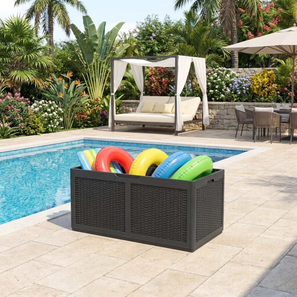 Biotree 100 Gallon Resin Deck Box Outdoor Waterproof Storage Bench Outdoor Waterproof for Patio Deck Garden Cushions, Gray
